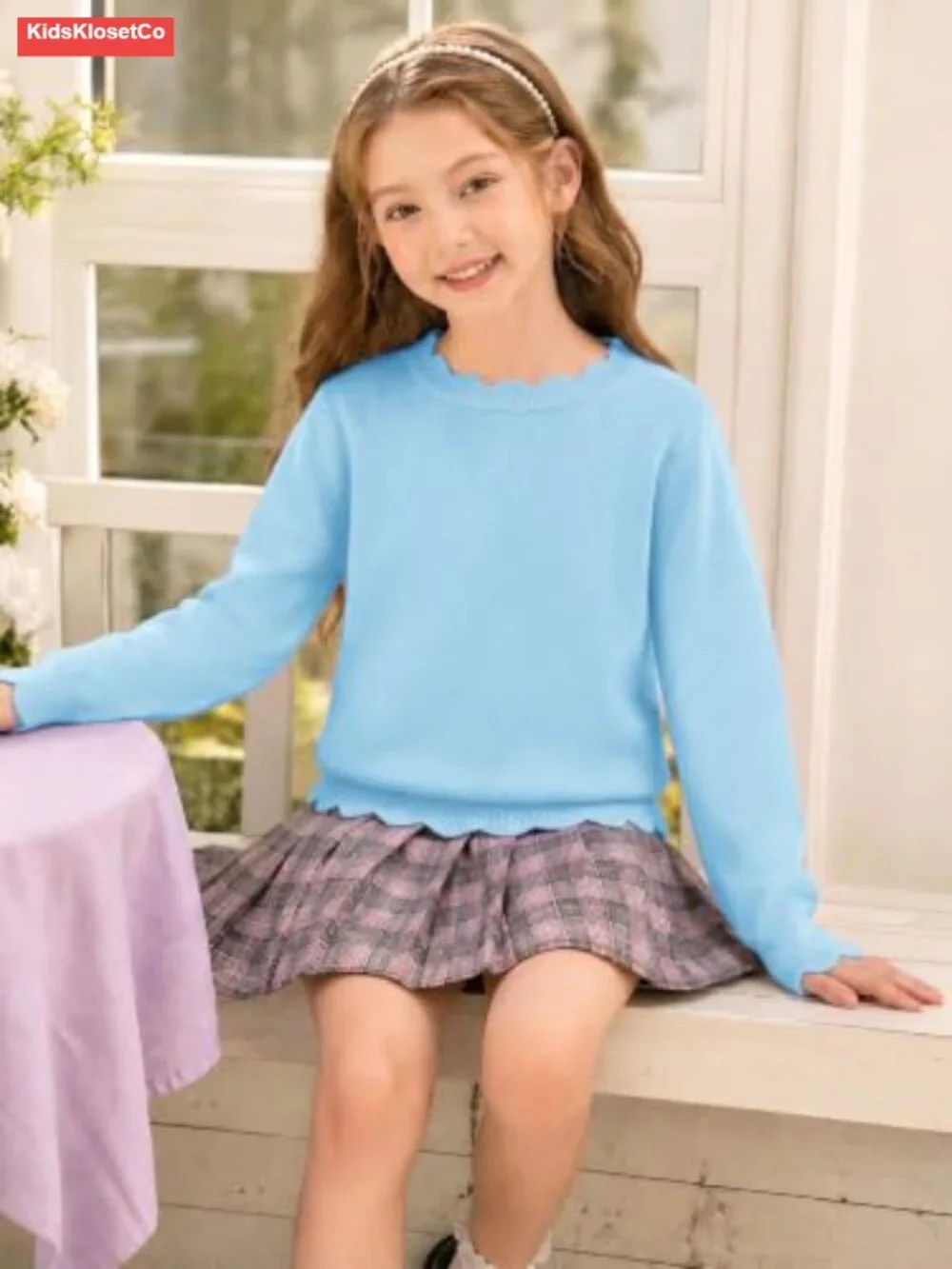 Girls Crewneck Sweater Long Sleeve Scallop Trim Fall Knit Pullover
